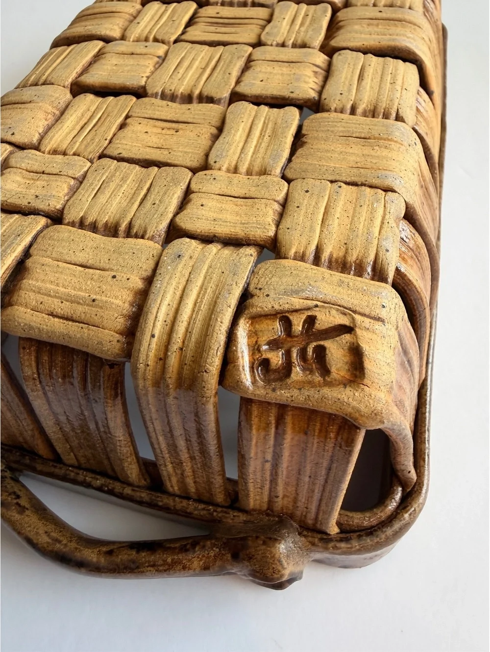 Vintage Ceramic Woven Bread Basket Pottery Rectangular Brown